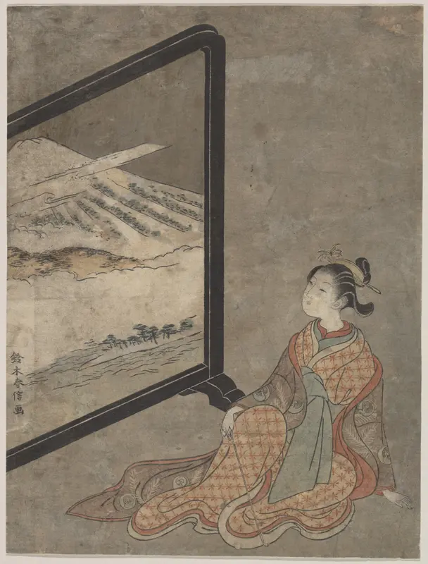 Young Woman with a Pipe in Her Hand Gazing at Landscape Painted on a Screen