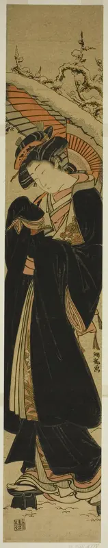 Young Woman with Umbrella Walking in Snow Wall Art by Isoda Koryusai - High-Resolution Digital Print