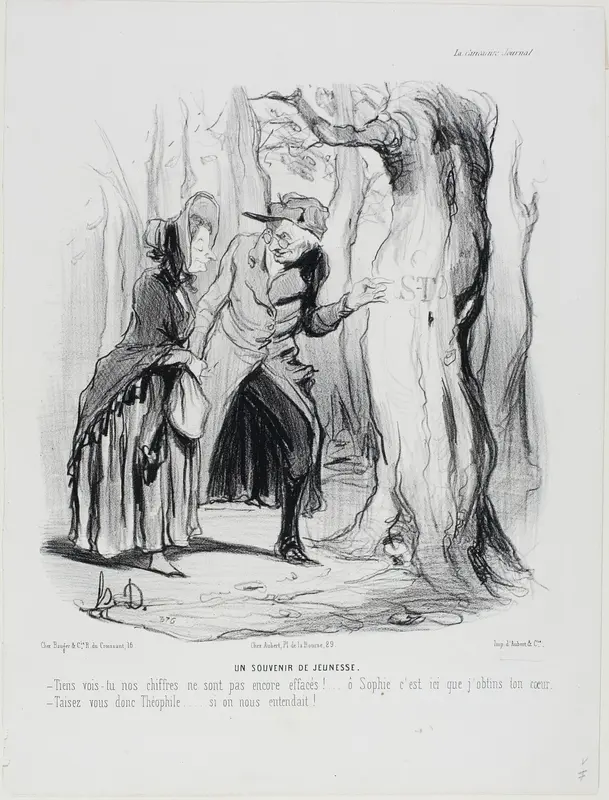 Youthful Memories. “- You see our letters have not yet been erased... oh Sophie, it was here that I gained your heart. - Hold your tongue now, Théophile.... if someone should hear us!,” plate 49 from Married Life