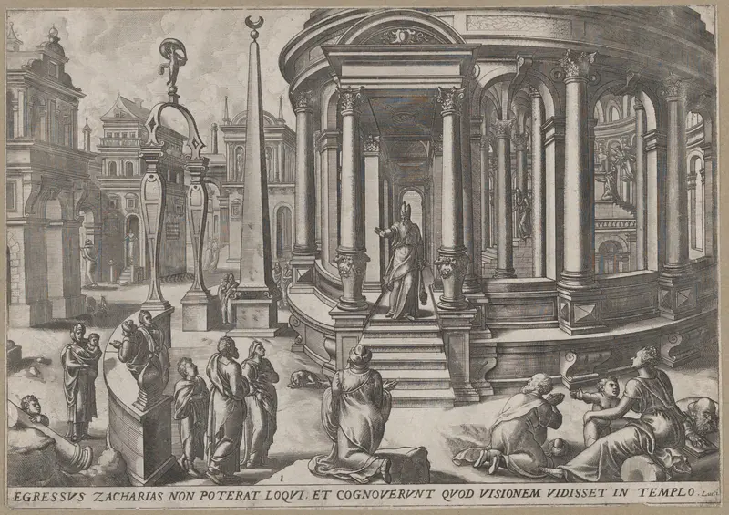 Zacharias Stepping out of the Temple, from "Events in and around the Temple" Wall Art by Jan and Lucas van Doetecum - High-Resolution Digital Print