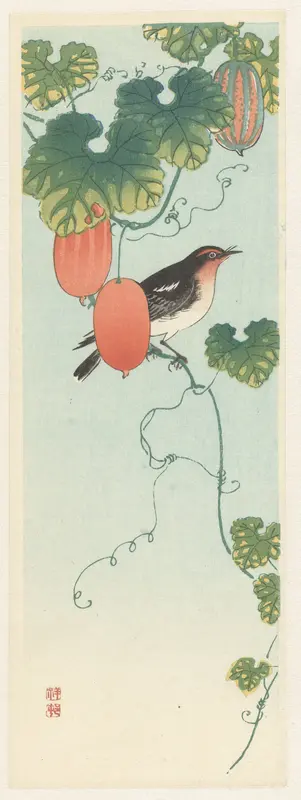Zangvogel in komkommerplant Wall Art by Watanabe Shōzaburō - High-Resolution Digital Print