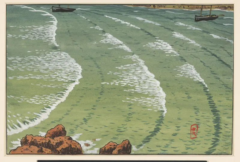 Zee, in een baai, met schepen voor de rotsige kust Wall Art by Henri Rivière - High-Resolution Digital Print