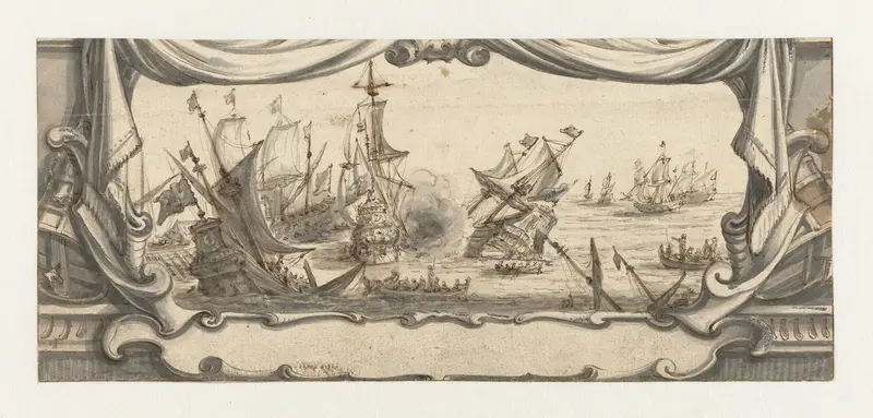 Zeegevecht in een cartouche Wall Art by Ludolf Bakhuysen - High-Resolution Digital Print