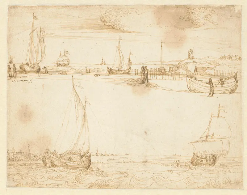 Zeegezicht met duinen en rechts een vuurtoren; zeegezicht met schepen op de Zuiderzee Wall Art by Hendrick Cornelisz Vroom - High-Resolution Digital Print