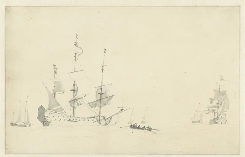 Zeegezicht met een roeiboot bij een fregat Wall Art by Willem van de Velde (II) - High-Resolution Digital Print