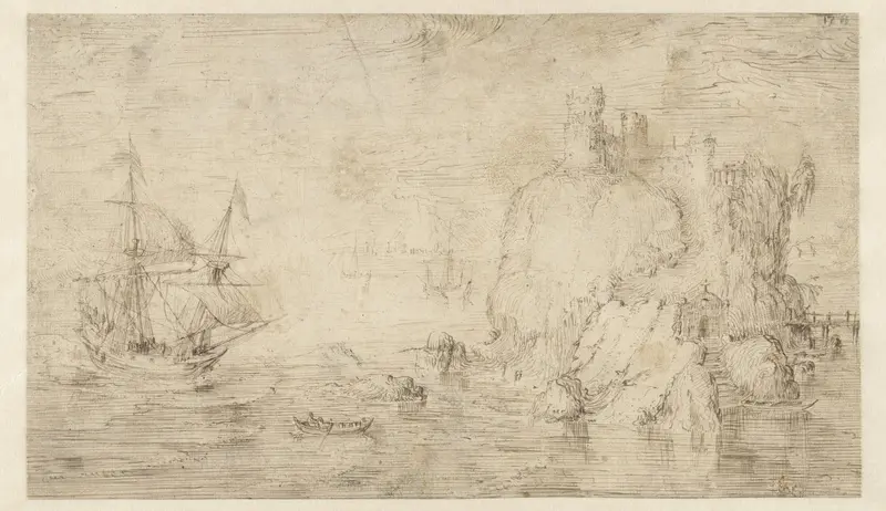 Zeegezicht met een schip bij een eiland Wall Art by Unknown - High-Resolution Digital Print