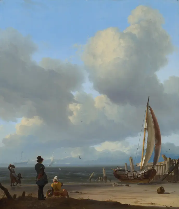 Zeegezicht met figuren bij een schip op de kust Wall Art by Unknown - High-Resolution Digital Print