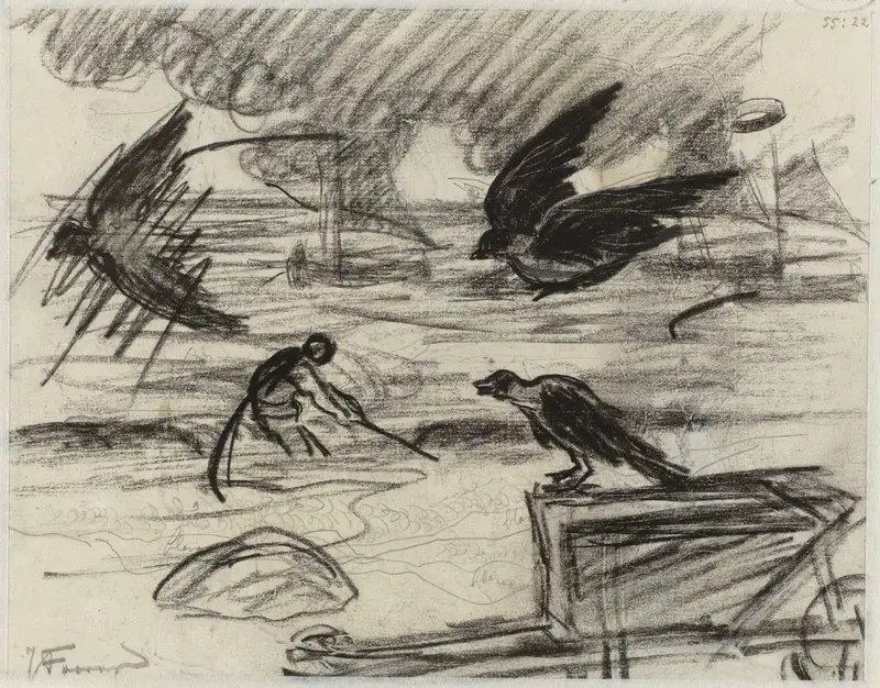 Zeegezicht met visser, op de voorgrond een kruiwagen met vogels Wall Art by Jan Toorop - High-Resolution Digital Print