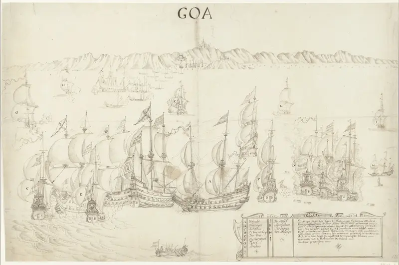 Zeeslag tussen Hollandse en Spaanse schepen voor de kust bij Goa, 1638 Wall Art by anonymous - High-Resolution Digital Print