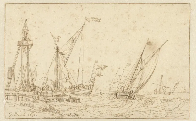 Zeilschepen bij een steiger met een grote lantaarn Wall Art by Jacobus Storck - High-Resolution Digital Print