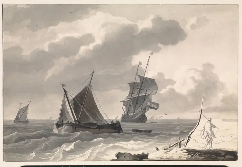 Zeilschepen op woelig water voor de kust Wall Art by Willem Gruyter jr. - High-Resolution Digital Print