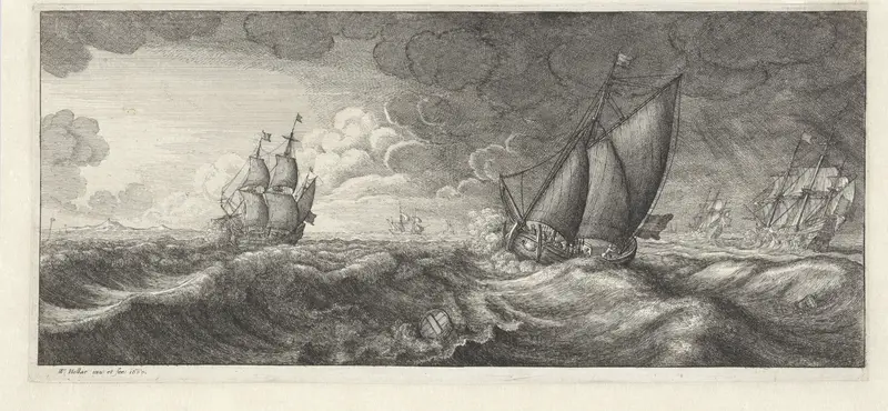 Zeilschip en drie oorlogsschepen in een zeestorm Wall Art by Unknown - High-Resolution Digital Print