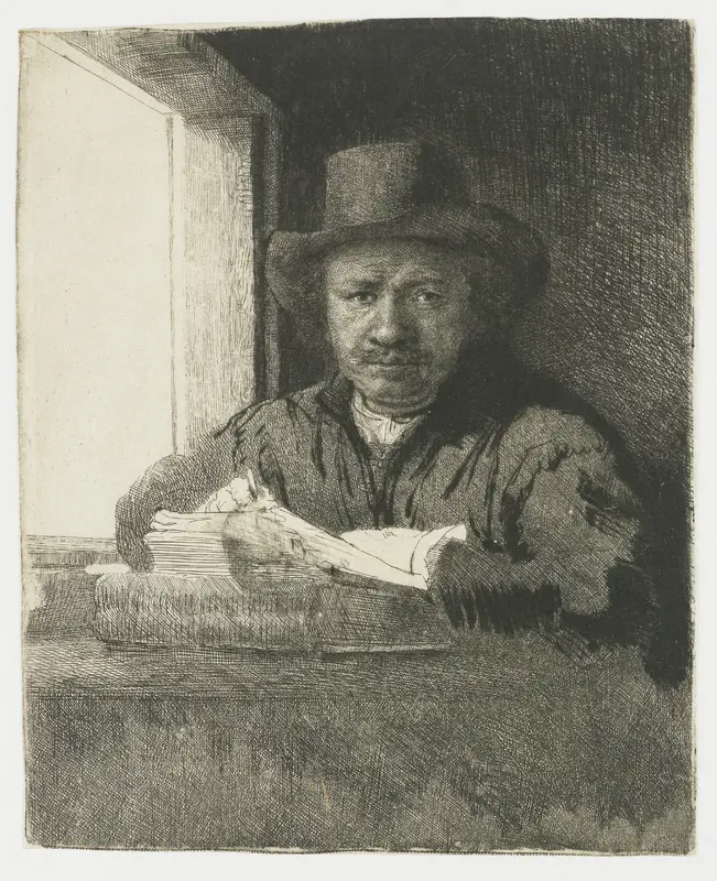 Zelfportret etsend bij een raam Wall Art by Rembrandt van Rijn - High-Resolution Digital Print
