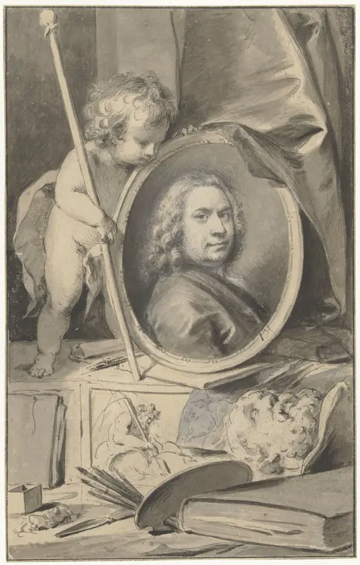 Zelfportret in medaillon omringd door schildersattributen Wall Art by Jacob de Wit - High-Resolution Digital Print