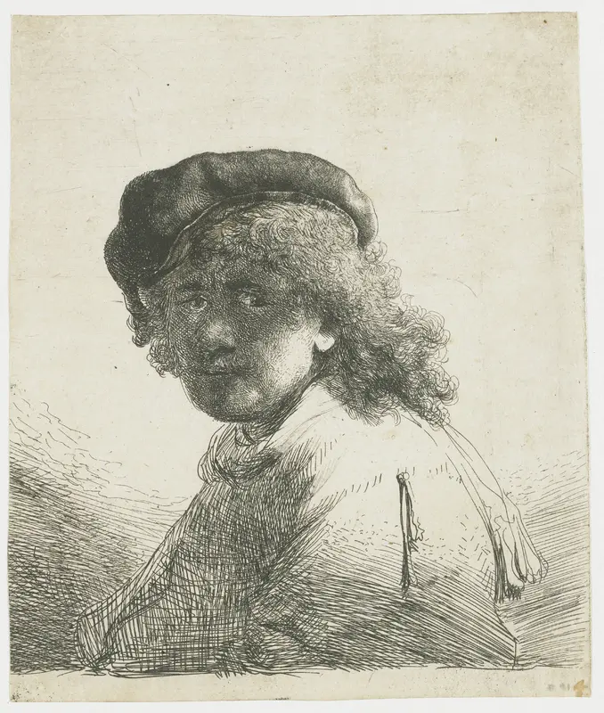 Zelfportret met baret en halsdoek, het gezicht in de schaduw: buste Wall Art by Rembrandt van Rijn - High-Resolution Digital Print