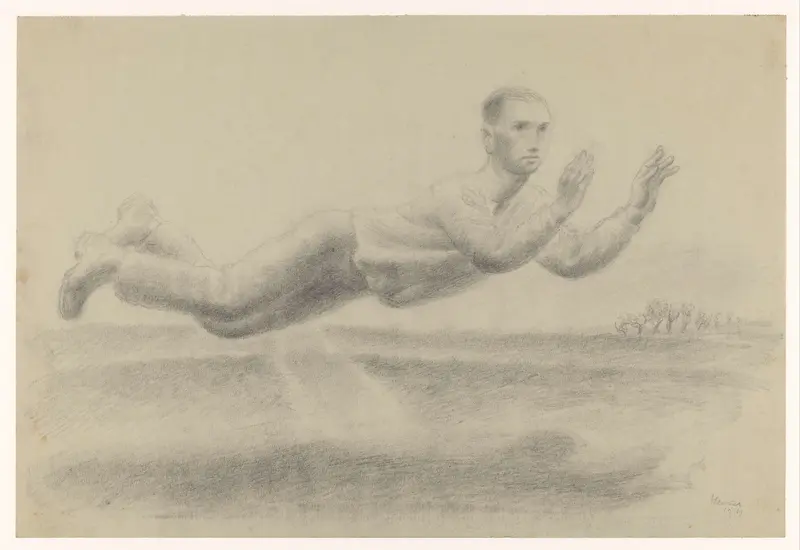 Zelfportret met geheven handen zwevend in een landschap Wall Art by Unknown - High-Resolution Digital Print