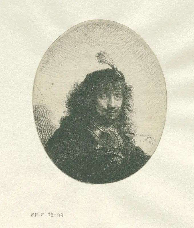 Zelfportret (?) met gepluimde baret, in ovale lijst: buste Wall Art by Unknown - High-Resolution Digital Print