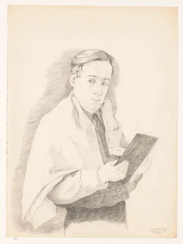 Zelfportret staand met schetsboek: B-1-1, 23 februari Wall Art by Cor van Teeseling - High-Resolution Digital Print