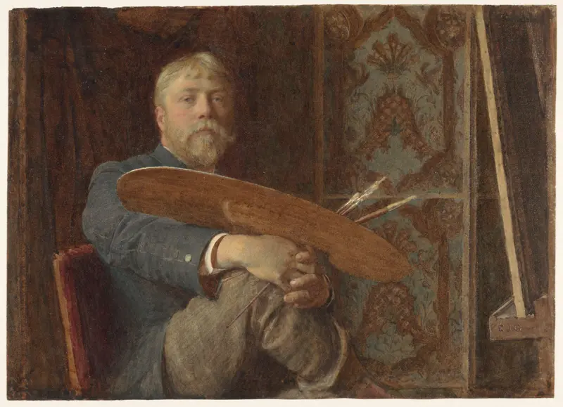 Zelfportret van Edward John Gregory, met palet en penselen, zittend voor de ezel