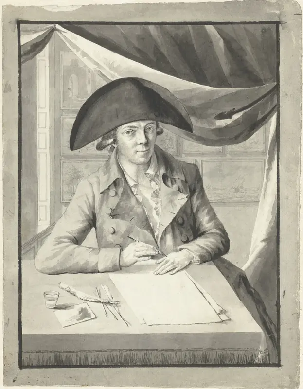Zelfportret van Hendrik Kuipers, zittend achter een tafel, tekenend Wall Art by Hendrik Kuipers - High-Resolution Digital Print