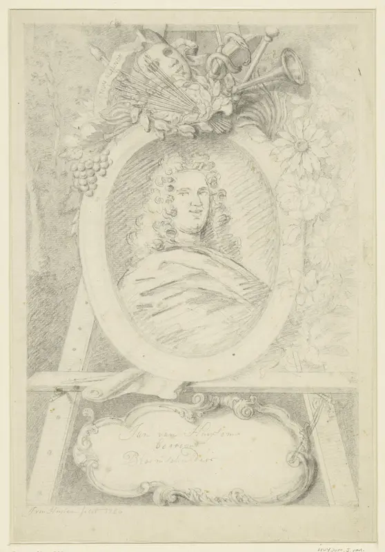 Zelfportret van Jan van Huysum in ovaal op schildersezel Wall Art by Jan van Huysum - High-Resolution Digital Print