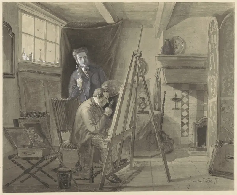 Zelfportret van Johannes Marius van Kate, staande in zijn atelier met een bezoeker Wall Art by Johannes Marius ten Kate - High-Resolution Digital Print