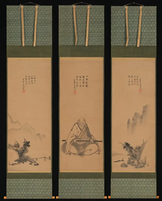 Zen Master with Meditation Staff, and Chinese-Style Landscapes Wall Art by Unkoku Tōeki - High-Resolution Digital Print