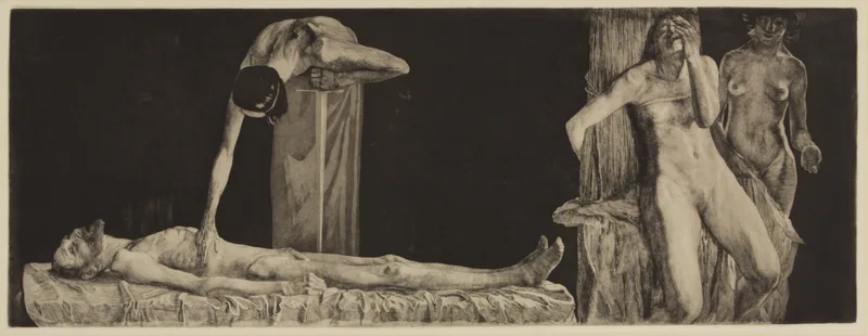 Zertretene - Leichnam und Frauenakt am Pfahl (The Downtrodden - Corpse and Nude Woman at a Post) Wall Art by Käthe Kollwitz - High-Resolution Digital Print