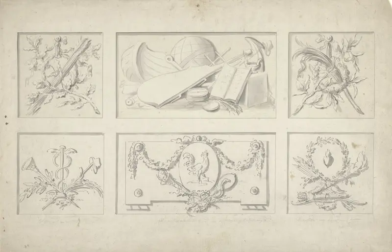 Zes ontwerpen voor paneelvullingen met attributen van Eendracht, Voorzichtigheid, Vreze, Liefde, Waakzaamheid en Vrijheid Wall Art by Bartholomeus Ziesenis - High-Resolution Digital Print