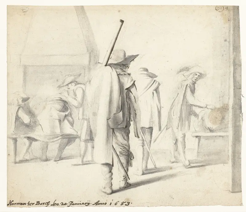 Zes soldaten in een interieur Wall Art by Unknown - High-Resolution Digital Print