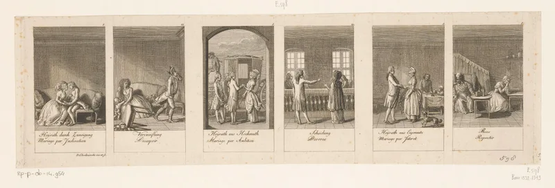 Zes voorstellingen met oorzaken en gevolgen van het huwelijk Wall Art by Unknown artist - High-Resolution Digital Print