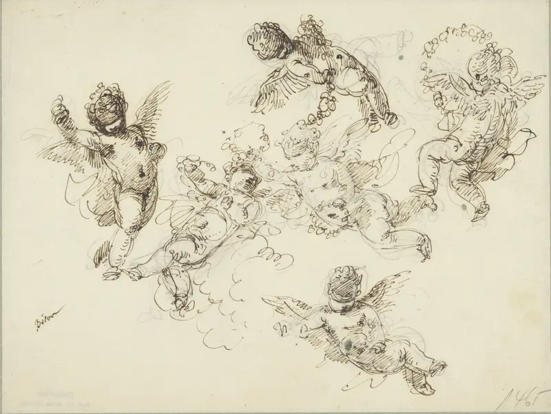 Zes zwevende engeltjes met bloemenkransen Wall Art by Giuseppe Bernardino Bison - High-Resolution Digital Print