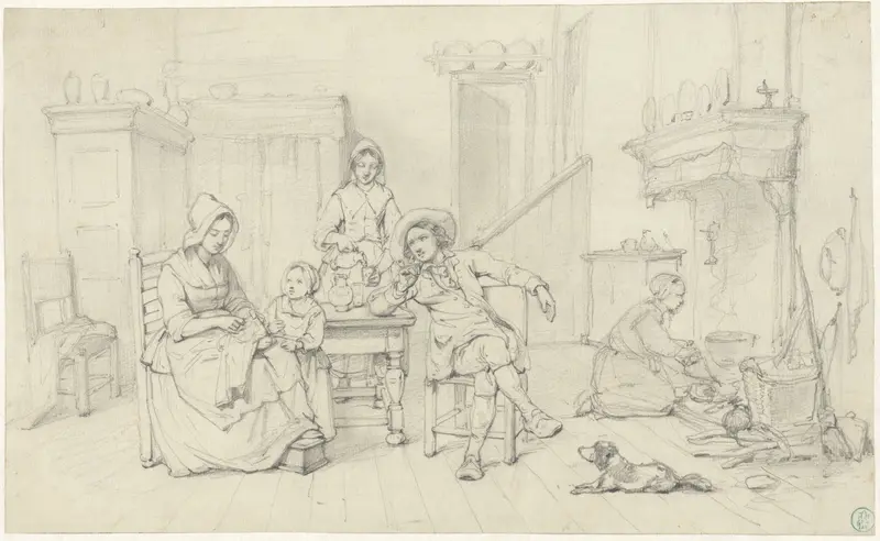 Zeventiende-eeuws interieur met een familie en dienstmeisjes Wall Art by Willem Pieter Hoevenaar - High-Resolution Digital Print