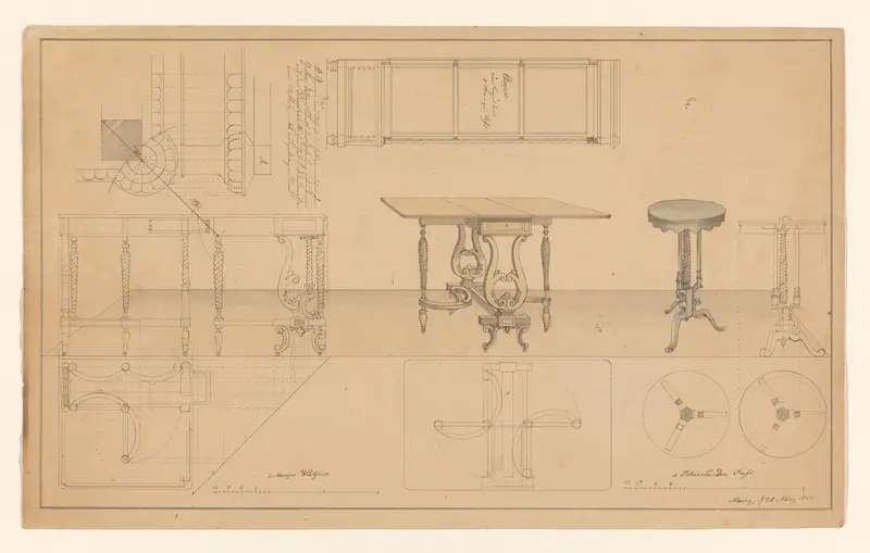 Zijaanzicht van een étagère, ontwerp voor een klaptafel met twee zijaanzichten en constructiedetails, ontwerp voor een rond tafeltje met frontaal aanzicht, daaronder plattegronden Wall Art by B. Winghofer - High-Resolution Digital Print