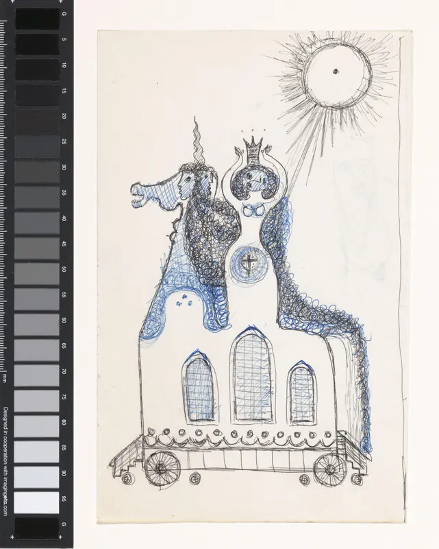 Zijkant van een overdekte wagen met eenhoorn en vrouwfiguur Wall Art by Willem Westbroek - High-Resolution Digital Print