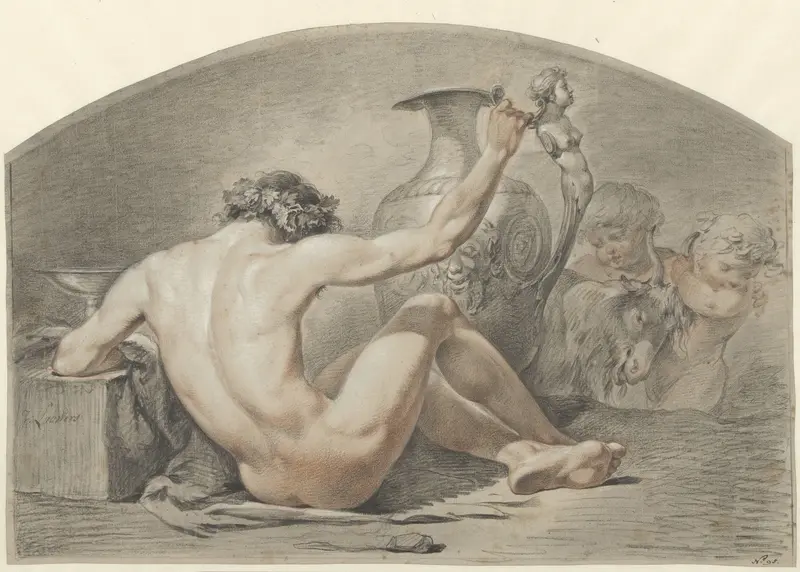 Zittend mannelijk naakt, de hand op het handvat van een vaas Wall Art by Jacobus Johannes Lauwers - High-Resolution Digital Print