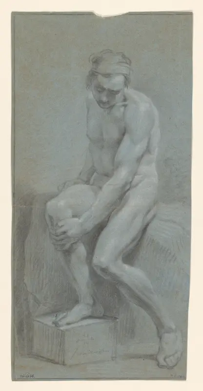 Zittend mannelijk naakt, de linkerhand op de rechterknie Wall Art by Unknown - High-Resolution Digital Print
