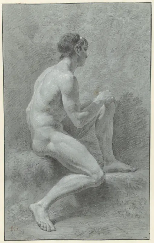 Zittend mannelijk naakt met opgetrokken knie, van opzij, naar rechts Wall Art by Jean Grandjean - High-Resolution Digital Print