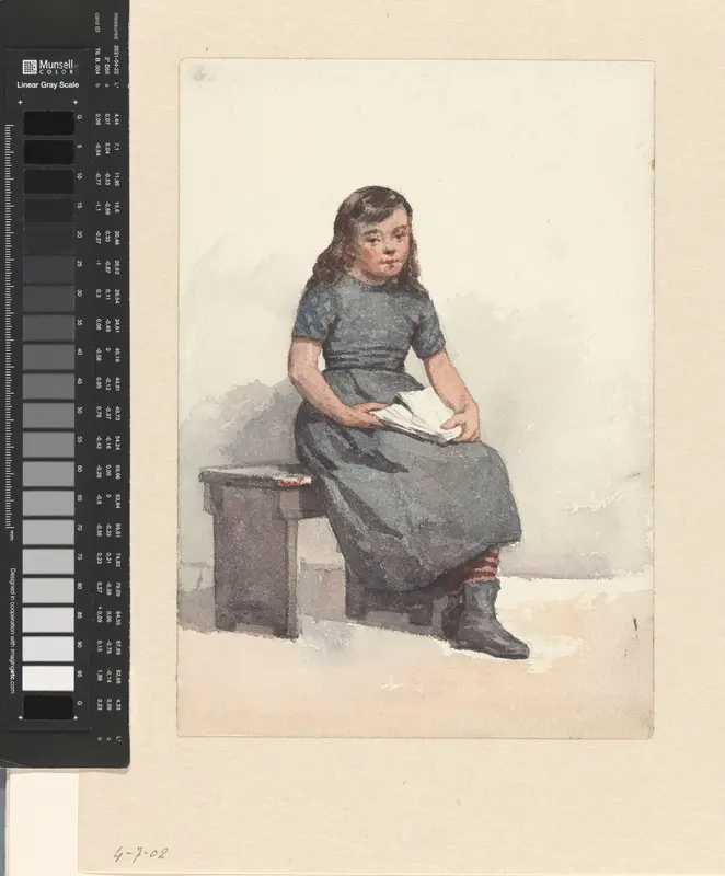 Zittend meisje met papieren op schoot Wall Art by Hendrik Valkenburg - High-Resolution Digital Print