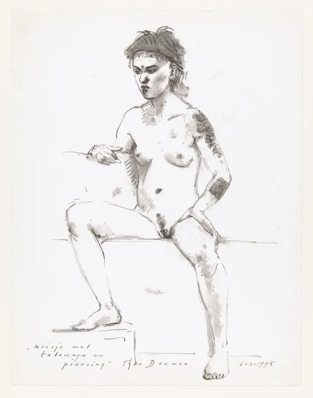 Zittend naakt meisje met tatoeage en piercing Wall Art by Unknown - High-Resolution Digital Print