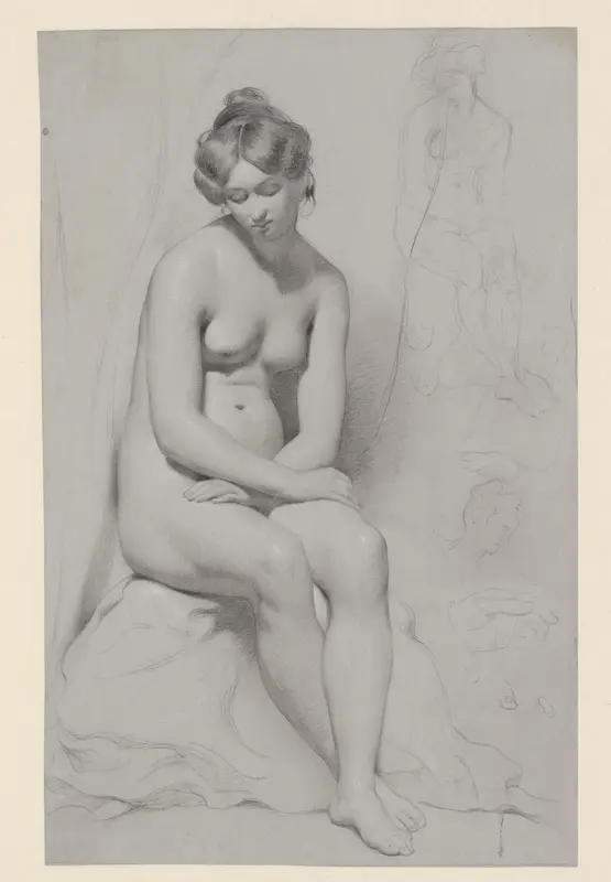 Zittend naakt vrouwelijk model met hoog kapsel, ernaast nogmaals geschetst Wall Art by William Etty - High-Resolution Digital Print