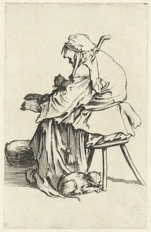 Zittende bedelares met twee katten bij een ketel met hete kooltjes Wall Art by Jacques Callot - High-Resolution Digital Print