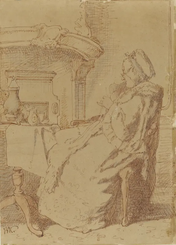 Zittende, breiende oude vrouw aan een tafel Wall Art by Alexander Hugo Bakker Korff - High-Resolution Digital Print
