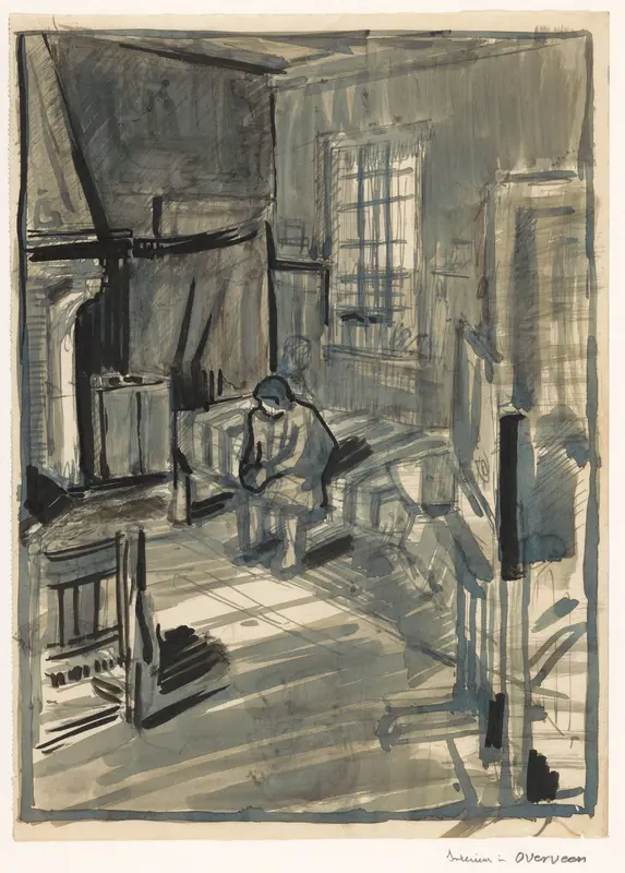 Zittende figuur op een bed in een interieur Wall Art by Unknown - High-Resolution Digital Print