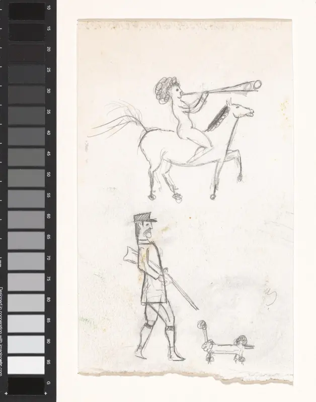 Zittende figuur te paard met trompet en man met geweer en hond Wall Art by Willem Westbroek - High-Resolution Digital Print