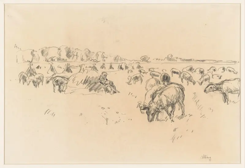 Zittende herder in een veld met grazende schapen Wall Art by Unknown - High-Resolution Digital Print