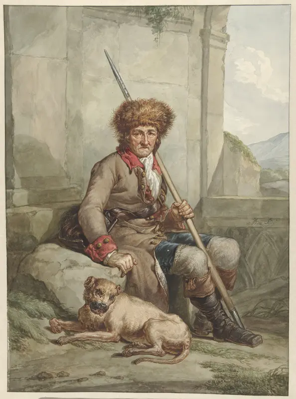 Zittende jager met bontmuts, speer en weitas Wall Art by Unknown - High-Resolution Digital Print