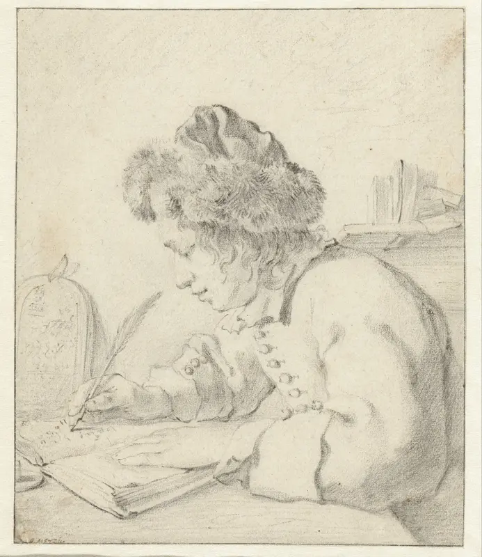 Zittende jonge man met bontmuts, schrijvend in een boek Wall Art by Constantijn Verhout - High-Resolution Digital Print