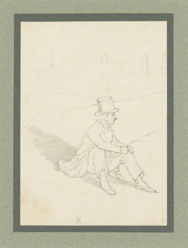 Zittende jonge man met hoge hoed op, aan de rand van een stad Wall Art by Wilhelm Koller - High-Resolution Digital Print