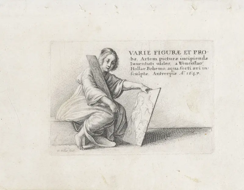 Zittende jonge vrouw met twee geëtste koperplaten Wall Art by Unknown - High-Resolution Digital Print